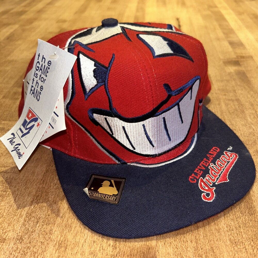 VINTAGE NWT 90' CLEVELAND INDIANS BIG INDIAN HEAD MLB‎ BLUE/RED WOOL SNAPBACK